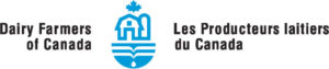 Logo of the dairy farmers of canada, featuring a stylized barn and milk bottle design, with text in english and french.