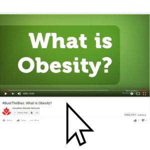 Youtube video player displaying the title "what is obesity?" on the canadian obesity network channel, cursor indicating play button.