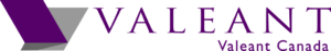 Logo of valeant canada, featuring the name "valeant" in uppercase gray letters beside a purple and gray abstract geometric shape.