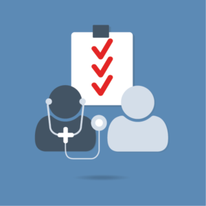 Graphic icon depicting a medical consultation with a clipboard showing checkmarks and silhouettes of a doctor and patient.