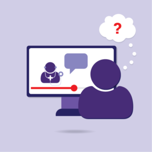 A person watches an online customer service video featuring an agent icon, depicted with a question mark in a thought bubble.