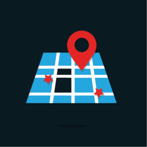 A stylized digital map with a red location pin and two red stars on a dark background.