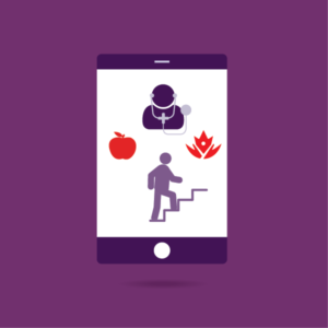 A smartphone displaying icons representing health and fitness, including a doctor, an apple, a flame, and a figure climbing stairs, all set against a purple background.