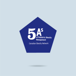 Pentagon-shaped logo with "5as of pediatric obesity management canadian obesity network" text in white on a blue background.