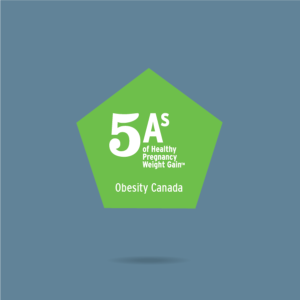 Green hexagonal logo featuring text "5as of healthy pregnancy weight gain" with the obesity canada logo beneath.