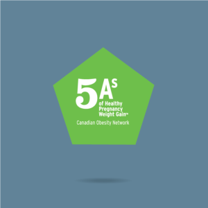 Logo of the "5 as of healthy pregnancy weight gain" by the canadian obesity network, featuring text inside a green pentagon on a grey background.