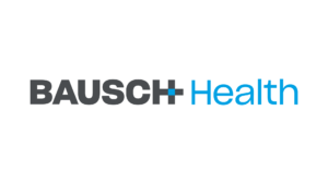 Logo of bausch health, featuring the company name in blue and gray font with a plus sign in red.