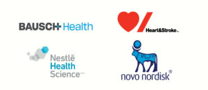 Logos of four health-related companies: bausch health, heart & stroke, nestlé health science, and novo nordisk.