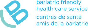 Logo of bariatric friendly health care service in blue and teal with english and french text.