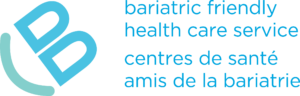 Logo with two blue and teal pills forming a heart, accompanied by text "bariatric friendly health care service" and french "centres de santé amis de la bariatric.