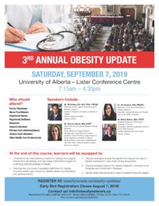 Promotional poster for the 3rd annual obesity update at the university of alberta on september 7, 2019, detailing event schedule, speakers, and registration information.