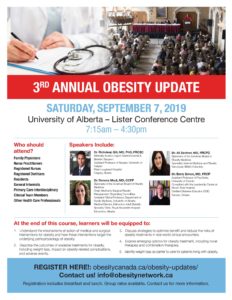 Event poster for the 3rd annual obesity update at the university of alberta, featuring speaker details, schedule, and registration information.