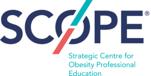 Logo of scope, strategic centre for obesity professional education, featuring blue text and a red slash through the letter 'o'.