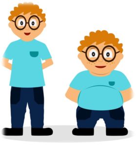 Two cartoon boys with red hair and glasses, dressed in blue shirts and pants; one standing with hands in pockets, the other with hands at his sides.