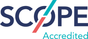 Logo of scope accredited featuring bold blue letters and a red and blue swoosh intersecting the letter o.