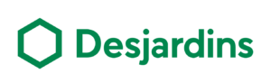 Logo of desjardins group featuring a green hexagon next to the word "desjardins" in black text.