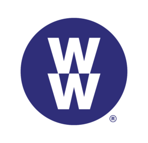 Logo of weight watchers, featuring a double 'w' design in white on a blue circular background with a registered trademark symbol.