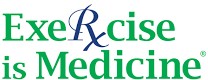 Logo of "exercise is medicine" featuring stylized text with the letter "r" formed by an ampersand in green and blue colors.