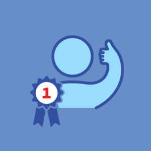 Illustration of a muscular arm, thumb up, with a rosette bearing the number 1, symbolizing achievement or approval.