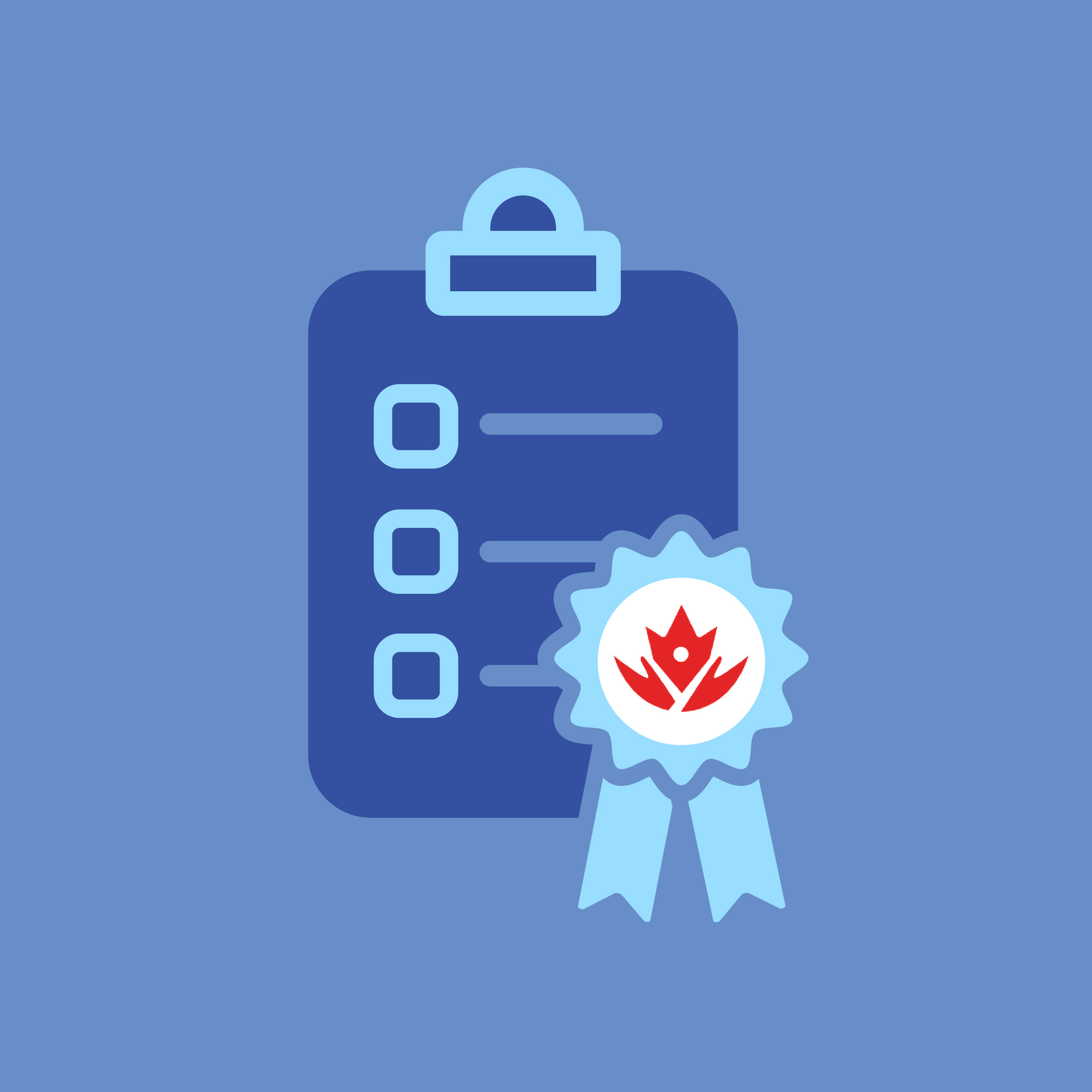 A graphic illustration of a checklist on a clipboard with a quality assurance badge, displayed on a solid blue background.