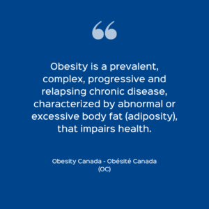 A graphic with text defining obesity, attributed to obesity canada, emphasizing it as a complex, prevalent disease linked to excessive body fat.