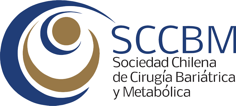 Logo of the sociedad chilena de cirugía bariátrica y metabólica (sccbm), featuring a stylized spiral design in blue and brown on a peach background.