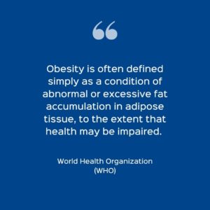 A quote from the world health organization on a blue background defining obesity as often associated with excessive or abnormal fat accumulation.