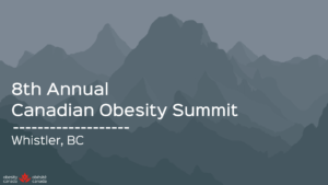 Promotional graphic for the 8th annual canadian obesity summit in whistler, featuring a silhouette of mountain ranges in the background.