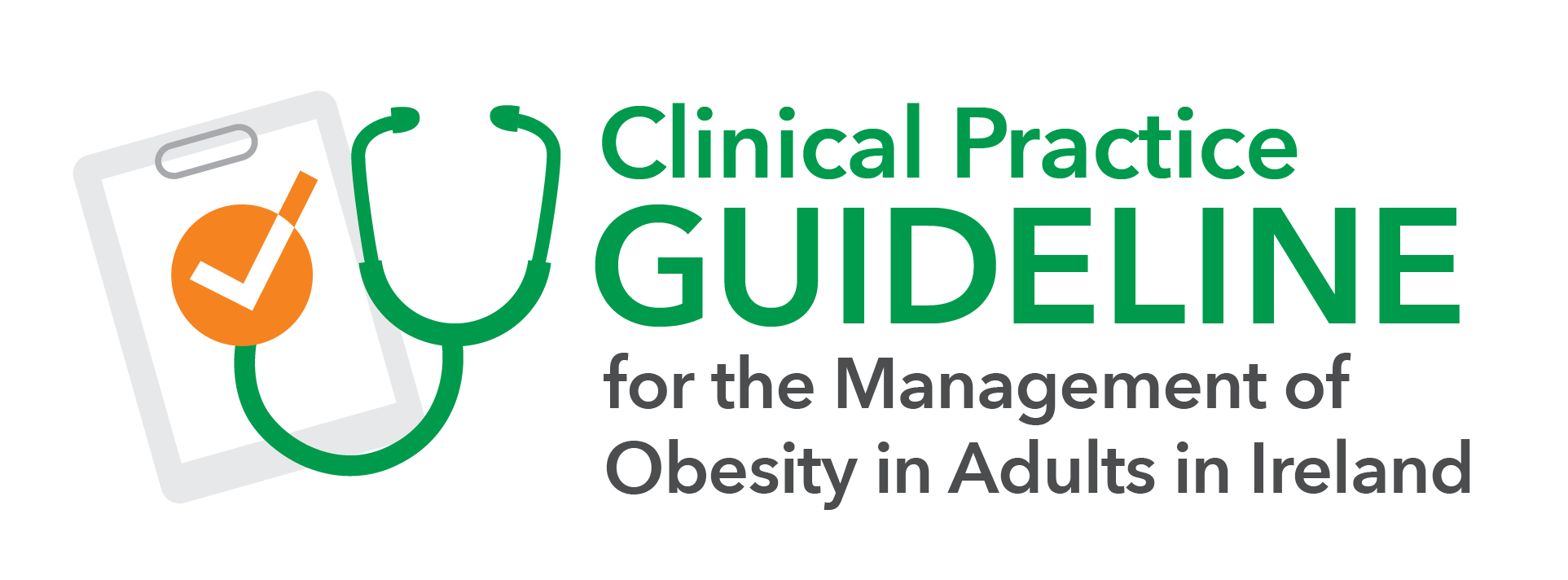 Graphic depicting a stethoscope and checklist on a clipboard with text "clinical practice guideline for the management of obesity in adults in ireland.