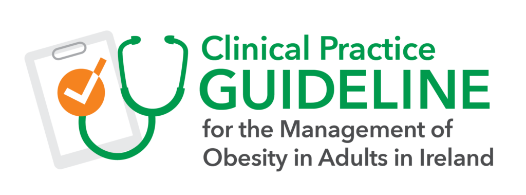 Graphic depicting a stethoscope and clipboard with the text "clinical practice guideline for the management of obesity in adults in ireland.