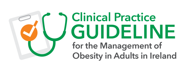 Graphic depicting a stethoscope and clipboard with the text "clinical practice guideline for the management of obesity in adults in ireland.