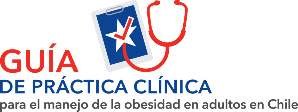 Logo reading "guía de práctica clínica para el manejo de la obesidad en adultos en chile" with an image of a smartphone and stethoscope.