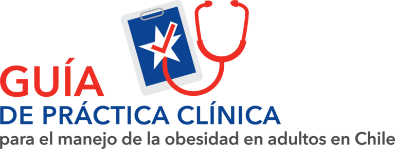 Logo reading "guía de práctica clínica para el manejo de la obesidad en adultos en chile" with an image of a smartphone and stethoscope.