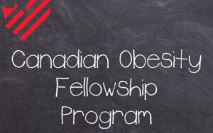 Logo of the canadian obesity fellowship program featuring stylized red elements, written in white chalk on a blackboard.