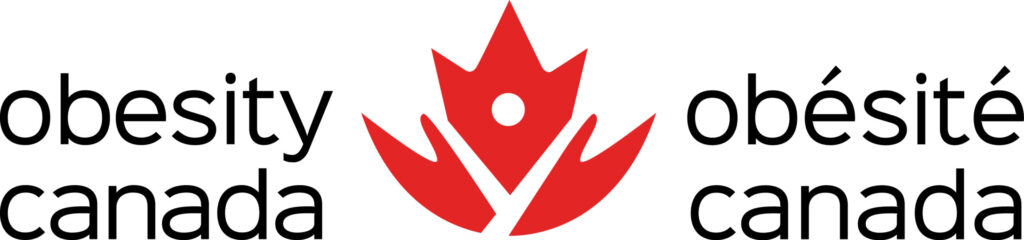 Logo of obesity canada featuring the word "obesity" in english and "obésité" in french with a stylized red maple leaf and human figure above the text.