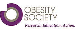 Logo of the obesity society featuring a stylized purple circle with the text "obesity society" and the motto "research. education. action." in gray and purple.