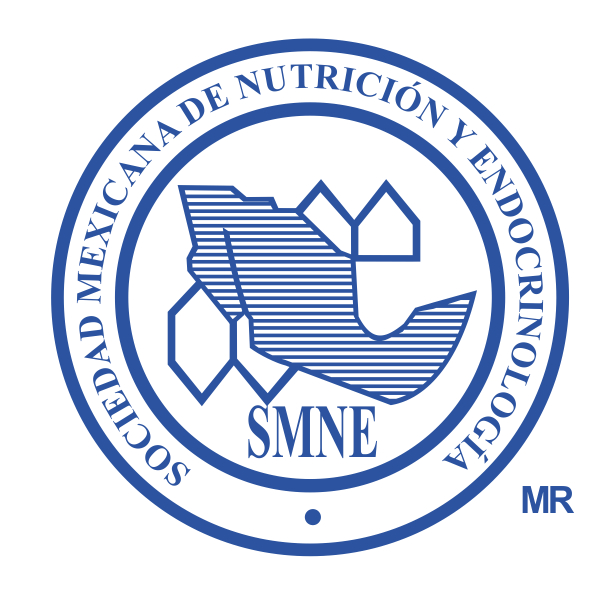 Logo of the mexican society of nutrition and endocrinology featuring a blue circular seal with abstract figures and text.