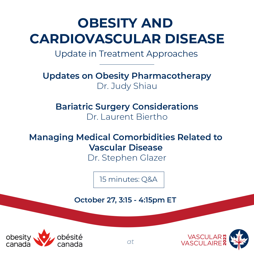 Promotional poster for a webinar titled "obesity and cardiovascular disease," listing topics, speakers, and event details scheduled for october 25, 3:15 - 4:15 pm, with obesity canada and vascular canada logos.