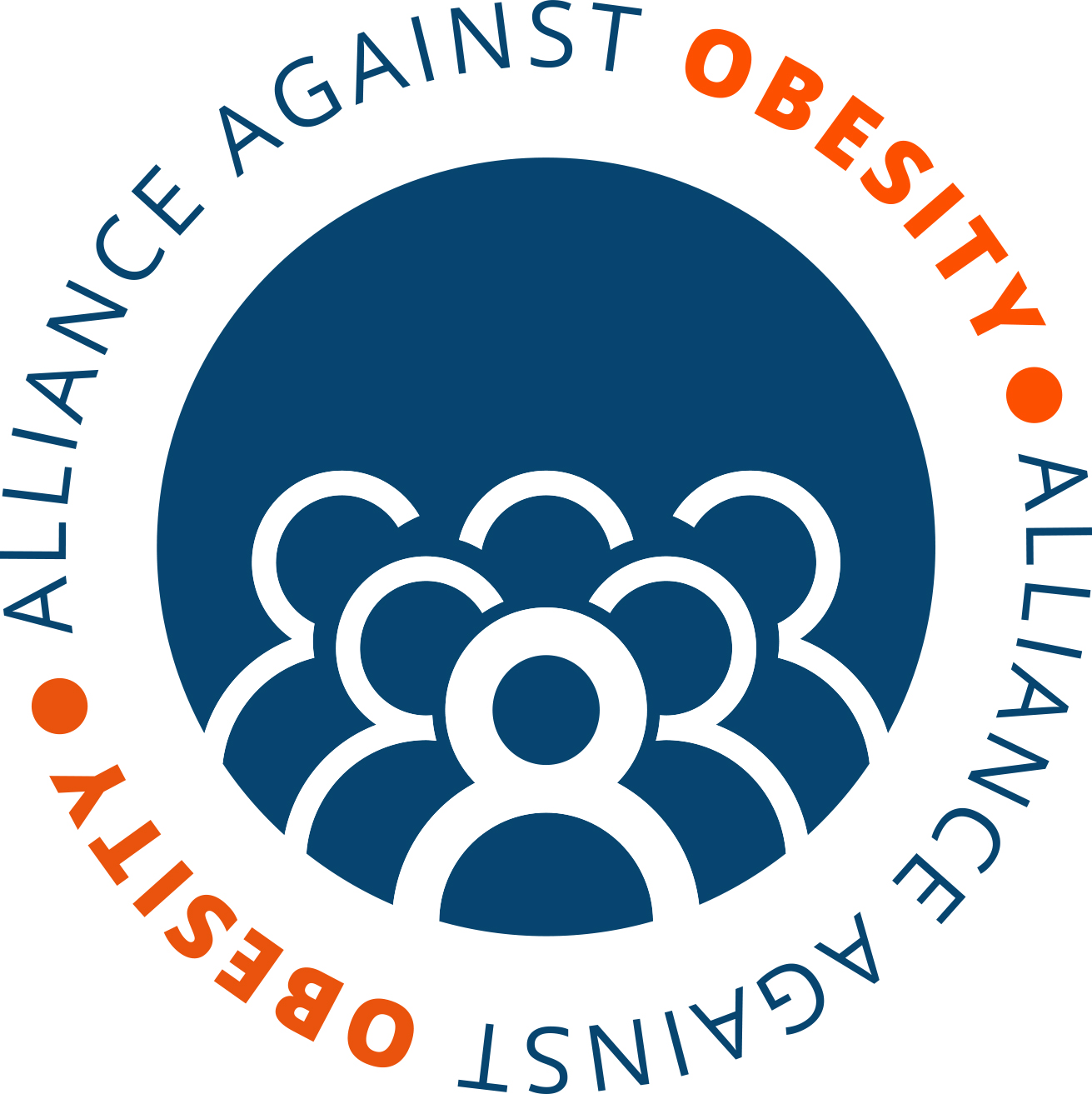 Logo of the alliance against obesity, featuring a stylized group of people in a circle, with the organization’s name around the edge in blue and orange colors.