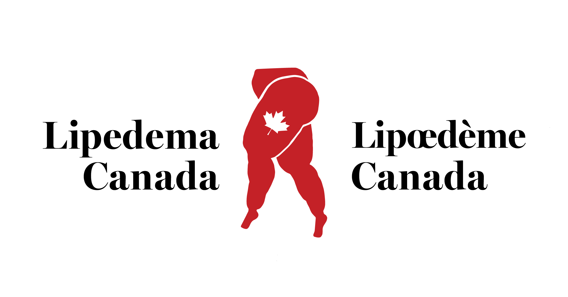 Logo for Lipedema Canada with the organization's name in English and French, featuring red legs with a white maple leaf in the background.