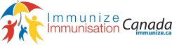 Logo of Immunize Canada featuring a red, yellow, and blue umbrella held by three stylized figures of different colors. The text reads "Immunize Immunisation Canada.