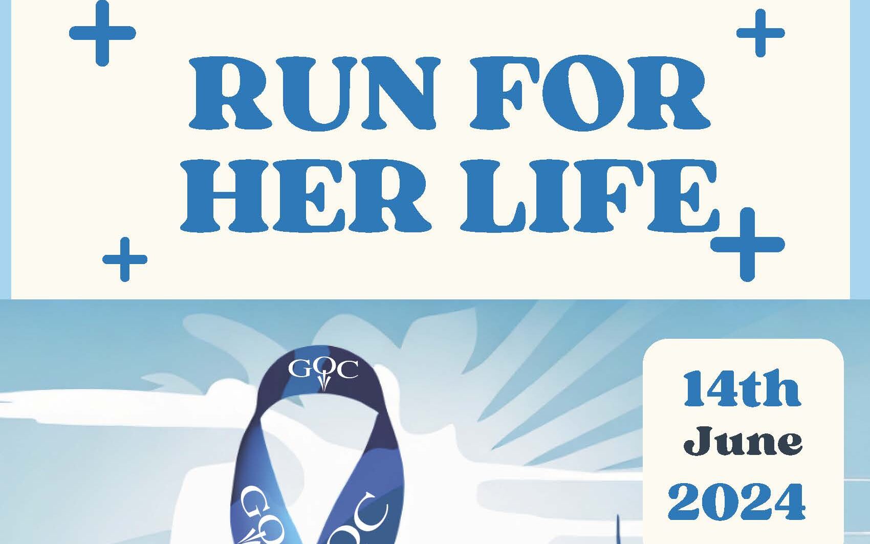 Poster for "Run for Her Life" event on 14th June 2024, with a blue ribbon and skyline background. Organized by Merck and Obesity Canada, featuring a QR code for more information.