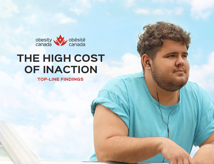 A person in a blue shirt, wearing earphones, looks into the distance. The image features a report title from Obesity Canada: "The High Cost of Inaction: Top-Line Findings.