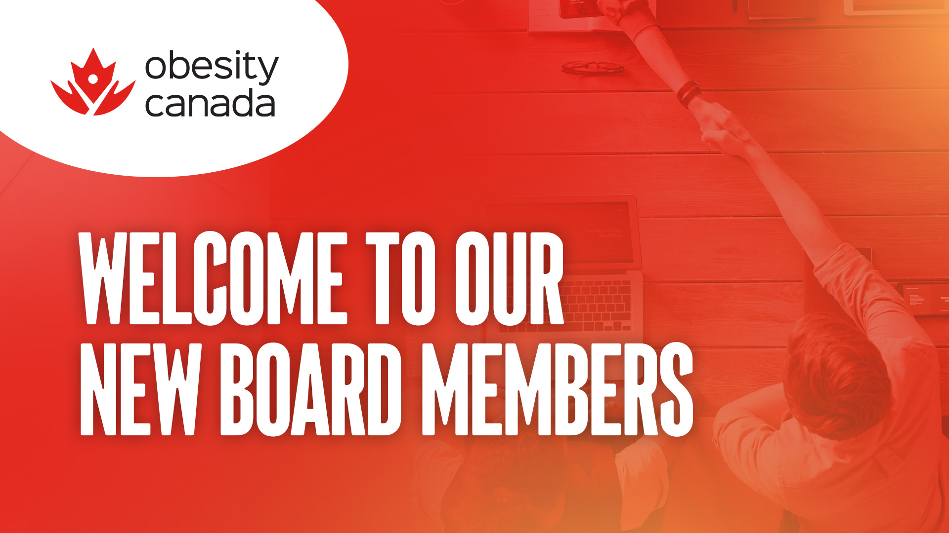 Red and orange banner with the Obesity Canada logo. Text reads: "Welcome to Our New Board Members.