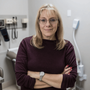 Dr. Kristin Terenzi stands in an exam room wearing a dark purple shirt. She has blond hair and glasses.
