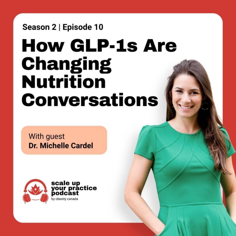 Promotional graphic for Scale Up Your Practice Podcast by Obesity Canada, featuring guest Dr. Michelle Cardel