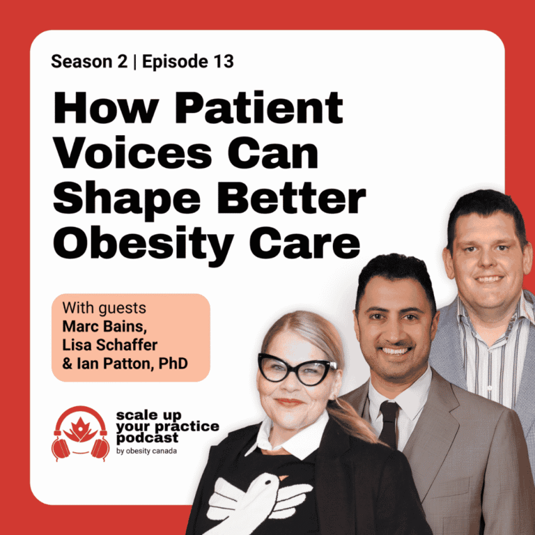 Promotional graphic for Scale Up Your Practice podcast, Season 2, Episode 13. Text reads “How patient voices can shape better obesity care,” with guests Marc Bains, Lisa Schaffer and Ian Patton, PhD pictured beside the podcast logo.