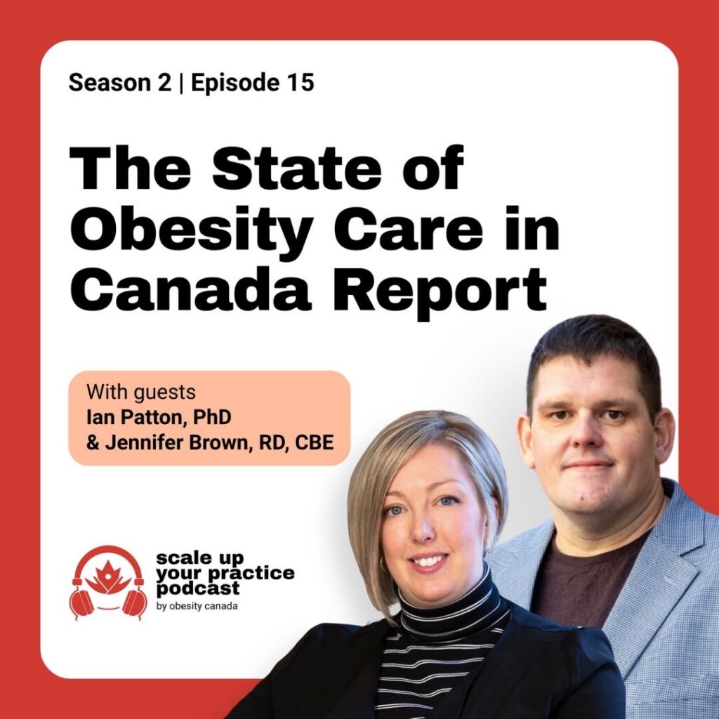 Promotional graphic for Scale Up Your Practice, Season 2, Episode 15, titled “The State of Obesity Care in Canada Report.” Guests Ian Patton, PhD, and Jennifer Brown, RD, CBE, are pictured beside the podcast logo.